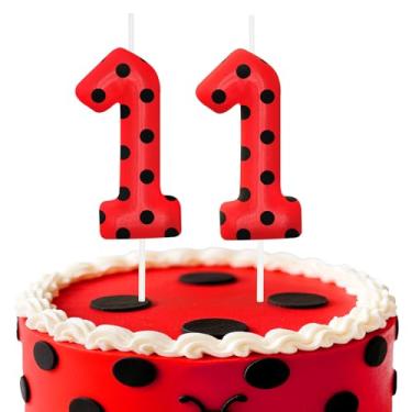 Imagem de Velas de aniversário de joaninha número 11, topo de bolo de bolinhas vermelhas e pretas para meninos e meninas, decorações de aniversário, suprimentos de festa, velas numéricas para decoração de festa