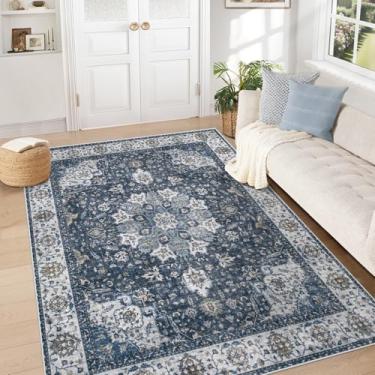 Imagem de Tapete lavável 12,5 x 17,8 cm, vintage, boêmio, medalhão, antiderrapante, macio, grande, desgastado, tapete retro, para sala de estar, quarto, sala de jantar, escritório em casa (azul vintage, 1,5 x
