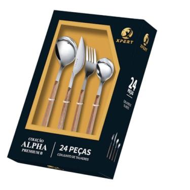 Imagem de Conjunto 24 Peças Talheres Cabo Tipo Madeira Garfos, Facas e Colheres em Aço Inox, Design Moderno e Elegante, Ideal para Uso Diário e Ocasiões Especiais