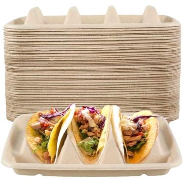 Imagem de FALESOUL Pacote com 50 suportes de taco descartáveis com 3 divisórias, suportes de tacos de papel, suportes de taco para 3 tacos, placas de taco mantêm seus tacos na vertical seguros para micro-ondas