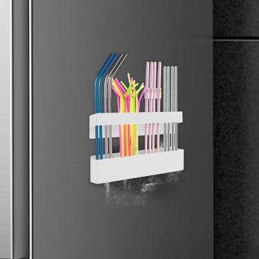 Imagem de Organizador de suporte de palha, dispensador de canudo reutilizável, suporte magnético de canudo para armário, suporte de canudo multifuncional para cozinha e restaurante (branco)