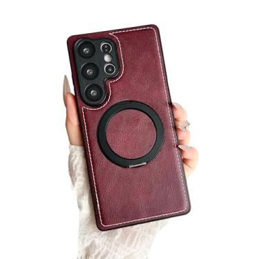 Imagem de Capa magnética de couro com suporte giratório de 360° para Samsung, compatível com carregamento sem fio MagSafe (vinho, Samsung Galaxy S23 Ultra)