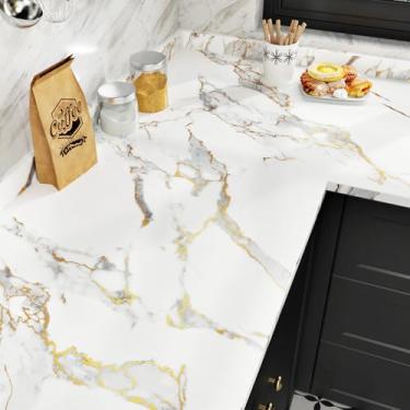 Imagem de Skyblur Papel de contato de mármore branco dourado para bancadas, papel de parede de mármore branco à prova d'água, descasque e cole papel de contato de bancada removível para armários de mesa de