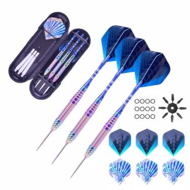 Imagem de ROOBEEO Conjunto com 3 dardos profissionais de ponta de aço, com canos de latão, eixos de alumínio, 3 eixos de dardos de PVC, 8 protetores de voo, 12 anéis de vedação de borracha (azul)