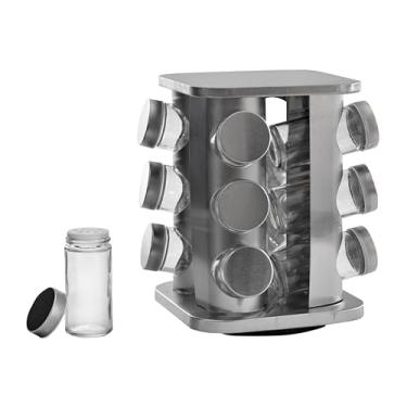 Imagem de Suporte Giratório Para Temperos Ou Porta Condimentos Em Inox Com 12 Potes De 90ml Em Vidro E Inox - Organizador De Condimentos - Wincy - IXB03299