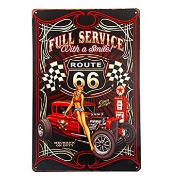 Imagem de Full Service with a Smile Hot Rod Route 66 Pin-Up Girl Arte de parede de metal vintage para garagem, caverna de homem ou decoração retrô - Placa de lata estilo clássico dos anos 1950 20 x 30 cm (14T54
