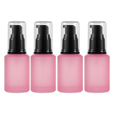 Imagem de Frascos de loção de vidro fosco rosa de 30 ml com bomba preta e tampa transparente, conjunto de 4, recipientes de cosméticos de viagem recarregáveis, frasco de loção portátil para loção, soro, creme