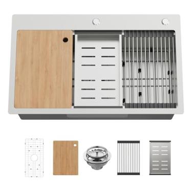 Imagem de Estação de trabalho para pia de cozinha de 76 x 45 cm - Pia de estação de trabalho moderna de tigela única de aço inoxidável vem com grade SS, rack de secagem, escorredor SS, tábua de corte, conjunto