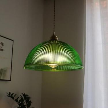 Imagem de Lustre de vidro verde Luminárias pendentes Modern Farmhouse Teto Lâmpada pendurada Grande cúpula de vidro nervurada Iluminação pendente Ilha de cozinha Lustre V-intage para quarto Sala de ja