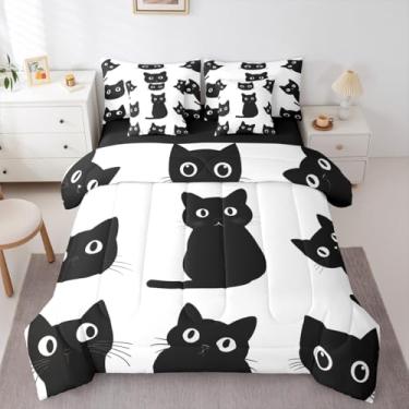 Imagem de Erosebridal Conjunto de edredom completo de gato preto, 7 peças, cama em uma bolsa para quarto, gatinho, fofo, Halloween, gótico, crianças, meninas, meninos, lençol com edredom, lençol branco e preto