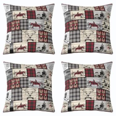 Imagem de Erosebridal Capas de almofada de caubói ocidental para crianças, 45,7 x 45,7 cm, conjunto de 4 capas de almofada com estampa de vaca e cavalo xadrez com estampa de vaca selvagem, vermelho, preto,