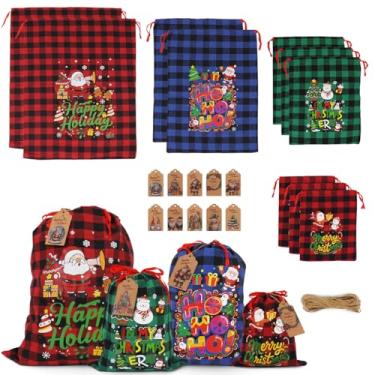 Imagem de 10 peças de algodão pequenos sacos de guloseimas de Natal com cordão de Natal tamanhos variados Buffalo xadrez Natal tecido presentes presentes sacos reutilizáveis lembrancinhas de festa de Natal