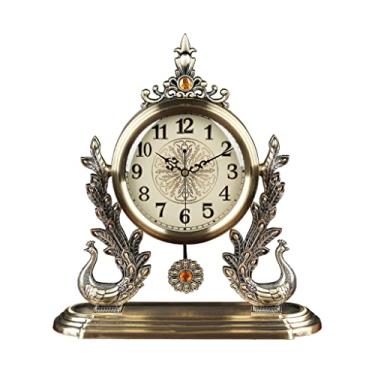 Imagem de WYUYIWH Relógio de mesa vintage, moderno, leve, luxuoso, de metal, relógio de mesa, sala de estar, relógio de mesa silencioso, ornamentos de decoração de pavão para casa, relógio de assento, relógio