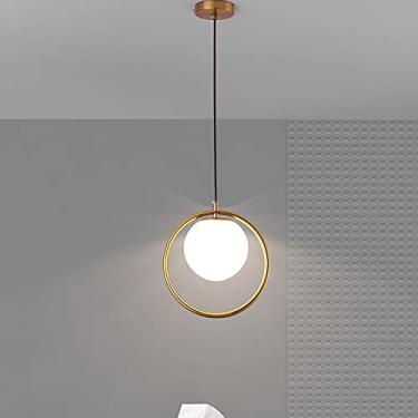 Imagem de YQSLQZZ Luzes de teto suspensas em anel dourado, lustre de iluminação de cabeceira globo de meados do século com sombra de globo de vidro branco para sala de jantar cozinha ilha luminária pendente