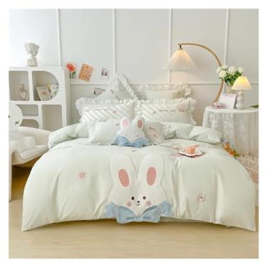Imagem de Jogo de cama 100% algodão fofo coelho aplique menina algodão lavado macio aconchegante solteiro queen king capa de edredom fronha de cama (branco tamanho único 3 peças)