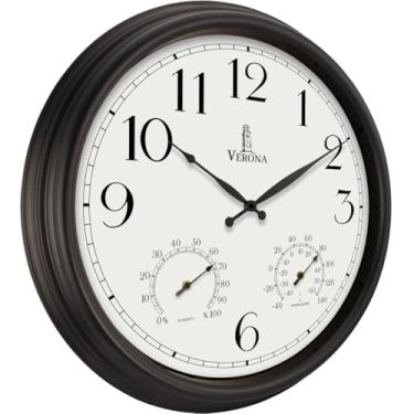 Imagem de Relógios externos de 61 cm para pátio grande à prova d'água com termômetro - Relógio de parede preto para uso externo com combinação de temperatura e umidade - À prova de intempéries, preciso e fácil