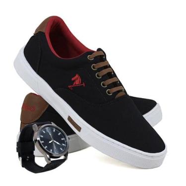Imagem de Kit Sapatênis Casual Masculino Polo Joy Sport + Relógio, 45, Preto