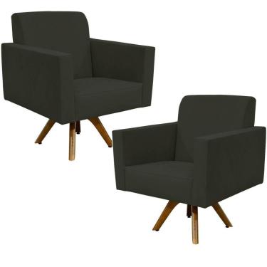 Imagem de Kit 2 Poltronas Decorativa Giratória Sala de Estar Base de Madeira Helô L02 Suede Cinza - Lyam Decor