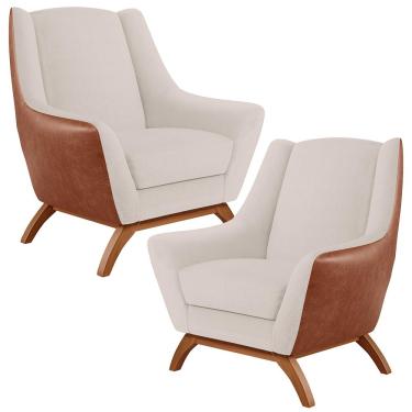 Imagem de Kit 02 Poltronas Base Em Madeira Juliet D02 Courissímo Camel B-14 Linho Cru C-443 - Lyam Decor