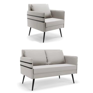 Imagem de Kit 01 Namoradeira 02 Lugares e 01 Poltrona Mari Veludo Cinza Pés Palito de Ferro - D'Rossi