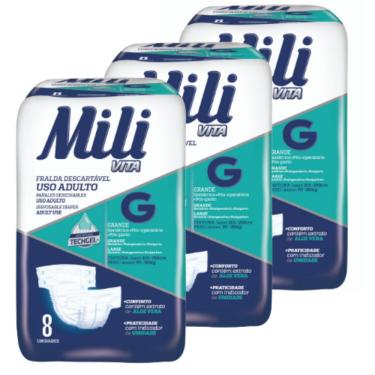 Imagem de Fralda Geriatrica Mili Vita Adulto    Tamanho G  3 Pacotes de 8 un    Total  24 Fraldas