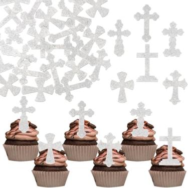 Imagem de 60 Pack Edible God Bless Religious Cupcake Toppers Faith Cake Toppers Rice Paper Wafer Paper Cupcake Picks for First Holy Communion Cross Baptism Baby Shower Kids Birthday Cake Decorations Silver