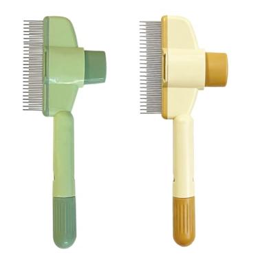 Imagem de 2 peças de pente para cães e gatos, escova autolimpante com dentes de aço inoxidável - pente de pulgas para remoção de pelos, escova massageadora para animais de estimação curtos e longos (verde e