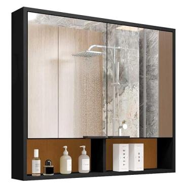 Imagem de Armário de Banheiro Aéreo 2 Portas Com Espelho Espelheira Com Nicho Aquiles (PRETO/NATURE)