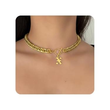 Imagem de ADEMISHIA Colar feminino com inicial inglesa antiga em ouro 18 K, delicado pingente A-Z com corrente cubana de aço inoxidável, gargantilha grossa, colar gargantilha para presente de Halloween e Natal