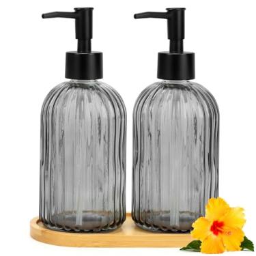 Imagem de Conjunto de dispensador de sabão de cozinha com bandeja de madeira, dispensador de sabão de vidro com bomba de plástico, conjunto de mão e prato para decoração de banheiro (cinza)