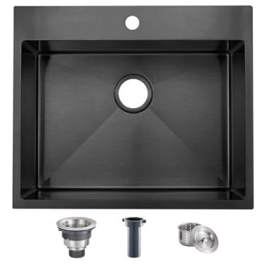 Imagem de Pia de barra preta, 45,7 x 45,7 cm, montagem superior para trailer, calibre 16, bronze preto, tigela única, pia de cozinha pequena, pia de cozinha pequena, feita à mão, moderna, para trailer, bar