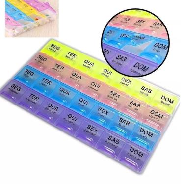 Imagem de Porta Remédios Semanal Caixa Comprimidos Organizador Diário Suplementos Colorido 28 Divisões Cápsulas 4x Dia