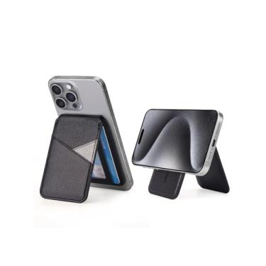 Imagem de Carteira magnética para celular, compatível com iPhone 16/15/14/13/12 série Pro Plus Pro Max para carteira MagSafe, suporte ajustável com 4 porta-cartões, bloqueio RFID, couro PU, preto