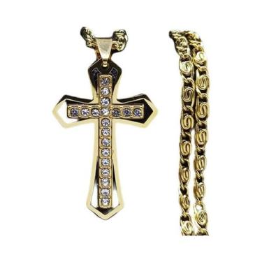 Imagem de Colar Masculino com Pingente de Cruz Católica em Aço Inoxidável Dourad