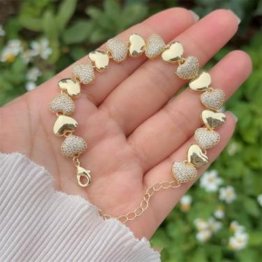 Imagem de Pulseira de elos dourados em forma de coração com strass brilhantes em forma de coração equipada com uma corrente de extensão ajustável para joias femininas, presentes de Dia dos Namorados