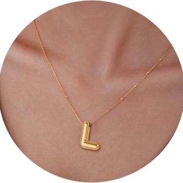 Imagem de Colar feminino com inicial de aço inoxidável banhado a ouro 18K, pingente de letra bolha de A a Z, joia personalizada do alfabeto fofo de A a Z, 18+2in, Aço inoxidável, Sem Pedra Preciosa