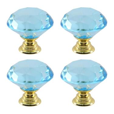 Imagem de Dahszhi 4 peças de diamante de topo plano 30 mm puxador de vidro de cristal puxadores de armário gavetas armário cômoda estante guarda-roupa, dourado, azul marinho