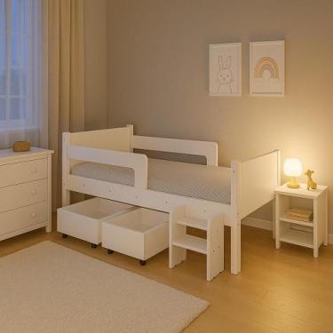 Imagem de Cama Infantil + Colchão com 2 Baus Organizador Escada Luna Plus Branco