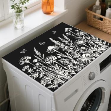 Imagem de GLOBLELAND Sketch Flowers Lavadora e Secadora Capa de Poeira 60 × 19,75 cm Flores Borboletas Máquina de Lavar Protetor Superior Almofadas Antiderrapantes Capas de Máquina de Lavar Roupa para