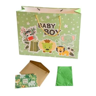 Imagem de Saco grande de presente de bebê de 33 cm para chá de bebê com papel de seda e cartão (verde)