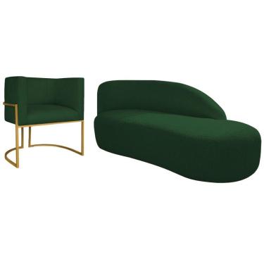 Imagem de Kit Divã Luna 140cm Lado Direito E 01 Poltrona Base De Ferro Dourado Suede Cor Verde