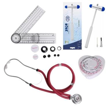 Imagem de Kit Avaliação Física com Estetoscópio Rappaport, Martelo de Reflexo, Goniometro Grande e Fita Antropométrica (VINHO)