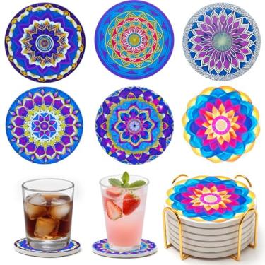 Imagem de Conjunto de 6 porta-copos de cerâmica com suporte, melhor porta-copos absorvente, conjunto de porta-copos de mesa de cerâmica redonda, decoração de xícara de café decorativa, melhor presente