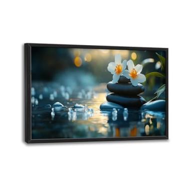 Imagem de Arte de parede zen para sala de estar, decoração de parede de lona de lótus grande, pintura emoldurada de imagens de paisagem de pedras na água, arte moderna para spa banheiro quarto 91 cm x 61 cm L