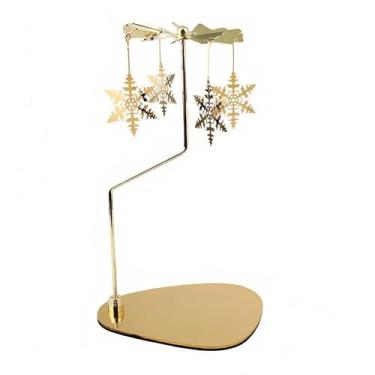 Imagem de Castiçal giratório dourado, carrossel de floco de neve giratório em bandeja de metal, peça central de luz de chá para decoração de casa (floco de neve)