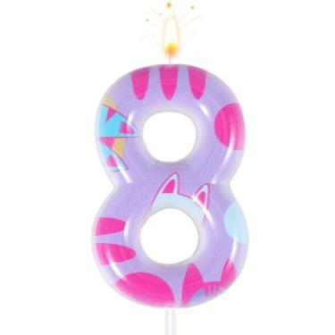 Imagem de Vela com número de aniversário com tema de gato, decorações de aniversário de gato de desenho animado, número de gato, vela, topo de bolo, decorações de festa de aniversário para meninas e meninos