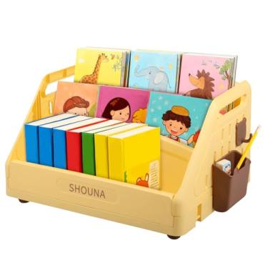 Imagem de Estante de livros Montessori dobrável com gancho e cesta de pendurar altura infantil para berçário de jardim de infância (amarelo)