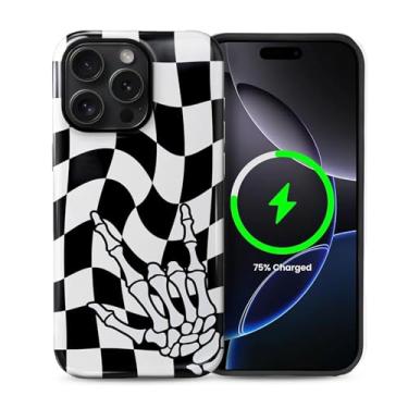 Imagem de Zhhoya Capa para iPhone 14 Pro, estampa de mão de esqueleto de tabuleiro de xadrez, brilhante, à prova de choque, capa protetora magnética engraçada estética antiarranhões