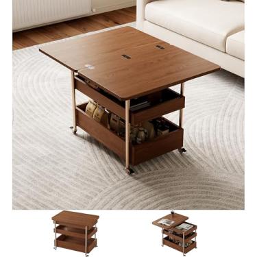Imagem de Mesa de centro multifuncional 2 em 1 com rodas, mesa central extensível com armazenamento e compartimento oculto, mesa lateral conversível, mesa de jantar pequena para apartamentos e espaços pequenos