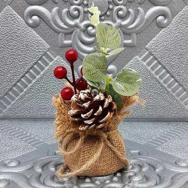 Imagem de Arranjo Cereja Pinha Artificial Vaso Enfeite Mesa Natal 15cm Pinha